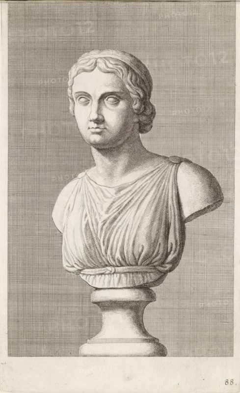 Bust of a woman in a toga, print, album page, Series number, 88, 98, with a series of prints after the sculptures in the collection of Gerard Reynst., number: '88', printmaker: Hubert Quellinus, Antwerp, printmaker: Gerard de Lairesse, 1646 - 1670, paper, engraving, gravure, height 325 mm x width 199 mm, piece of sculpture, reproduction of a piece of sculpture, female persons from classical history, A detailed monochrome engraving of a classical bust on a pedestal depicting a person with short wavy hair held back by a band, blank eyes, a straight nose, and a closed mouth, wearing a draped garment gathered at the shoulders with visible folds and a belted waist, set against a finely crosshatched rectangular background that contrasts with a blank margin around the image.