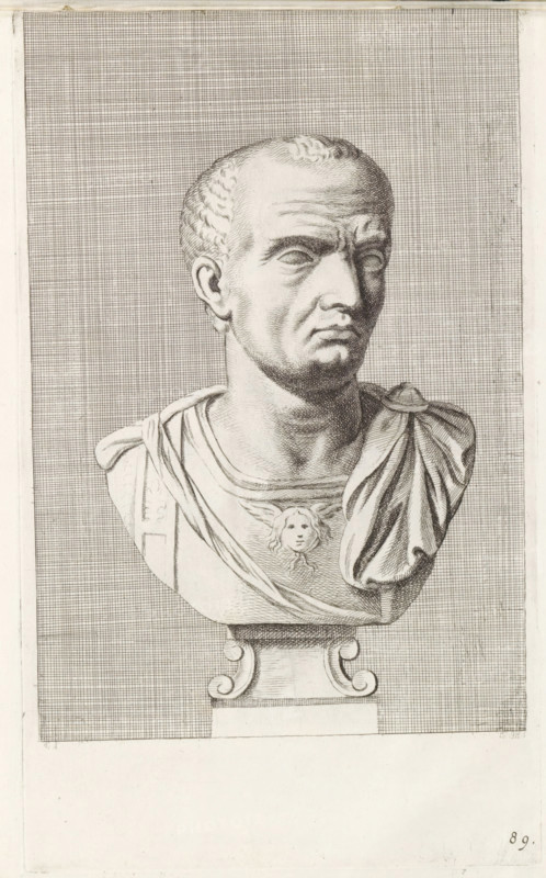 Bust of a man with breastplate, facing right, print, album page, Series number, 89, 98, with a series of prints after the sculptures in the collection of Gerard Reynst., number: '89', printmaker: Hubert Quellinus, Antwerp, printmaker: Gerard de Lairesse, 1646 - 1670, paper, engraving, gravure, height 325 mm x width 194 mm, piece of sculpture, reproduction of a piece of sculpture, male persons from classical history, A detailed engraved bust of a stern-looking man mounted on a decorative pedestal fills the frame, showing a shaved or closely cropped hairstyle, prominent brow lines, deep-set eyes, a straight nose, and a tight-lipped mouth; he wears a draped garment with a richly folded shoulder cloak and a breastplate decorated with a small winged face motif, and the background consists of a finely crosshatched grid that contrasts with the smooth shading of the sculpture.