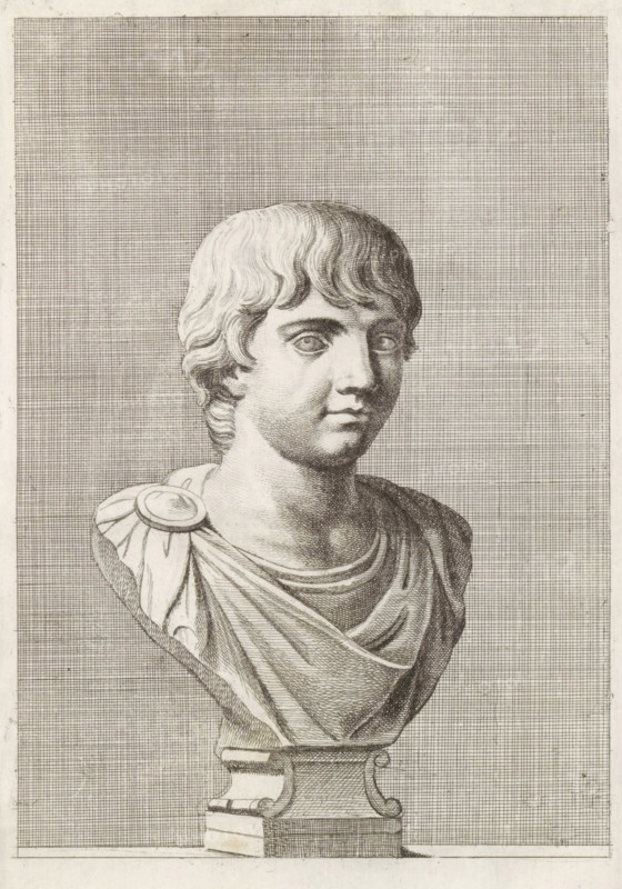 Bust of a boy, facing right, print, album page, Series number, 91, 98, with a series of prints after the sculptures in the collection of Gerard Reynst., number: '91', printmaker: Hubert Quellinus, Antwerp, printmaker: Gerard de Lairesse, 1646 - 1670, paper, engraving, gravure, height 325 mm x width 194 mm, piece of sculpture, reproduction of a piece of sculpture, male persons from classical history, A detailed engraved bust of a young person with short wavy hair, facing slightly to the viewer's right, wearing draped clothing fastened at one shoulder with a circular brooch, set on a carved pedestal; the background consists of a finely crosshatched grid filling the rectangular space.