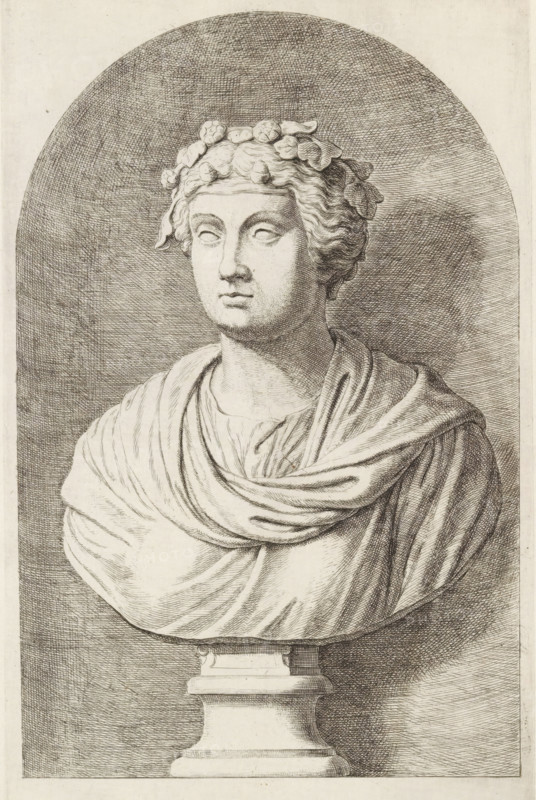 Bust of a woman with a wreath in her hair, print, album page, Series number, 92, 98, with a series of prints after the sculptures in the collection of Gerard Reynst., number: '92', printmaker: Hubert Quellinus, Antwerp, printmaker: Gerard de Lairesse, 1646 - 1670, paper, engraving, gravure, height 325 mm x width 194 mm, piece of sculpture, reproduction of a piece of sculpture, female persons from classical history, A monochrome engraved bust of a person shown from the chest upward, set inside a rounded niche; the figure has wavy hair adorned with a wreath of rounded leaves and berries, a calm facial expression with eyes looking slightly upward, and a draped garment with layered folds across the shoulders and chest; the bust rests on a classical pedestal with a stepped base, and the background features fine cross-hatched shading within the arched niche.