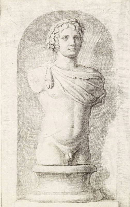 Sculpture of a faun, print, album page, Series number, 93, 98, with a series of prints after the sculptures in the collection of Gerard Reynst., number: '93', printmaker: Hubert Quellinus, Antwerp, printmaker: Gerard de Lairesse, 1646 - 1670, paper, engraving, height 325 mm x width 173 mm, piece of sculpture, reproduction of a piece of sculpture, satyrs, fauns, Sileni, (story of) Pan, A finely detailed pencil or ink drawing of a classical marble bust on a rounded pedestal set within a shallow arched niche, showing a youthful male torso with curly hair and an upward-turned gaze; one shoulder is draped with a cloth knot while the other arm is absent, and the figure’s anatomical contours and subtle shading are rendered with crosshatching and linear strokes against a textured background.