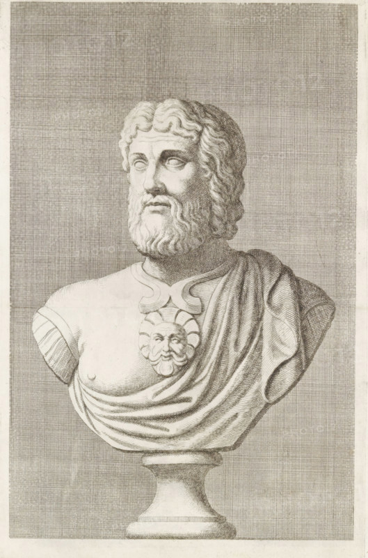 Bust of a bearded man, facing left, print, album page, Series number, 94, 98, with a series of prints after the sculptures in the collection of Gerard Reynst., number: '94', printmaker: Hubert Quellinus, Antwerp, printmaker: Gerard de Lairesse, 1646 - 1670, paper, engraving, gravure, height 330 mm x width 203 mm, piece of sculpture, reproduction of a piece of sculpture, A monochrome engraved bust of a bearded man displayed on a pedestal is shown from the chest upward, featuring wavy hair and a full beard with detailed carved curls and a solemn facial expression with deep-set eyes. The figure wears a draped garment over one shoulder and a decorated breastplate with a sculpted mask-like emblem at the center. Fine cross-hatched shading fills the background and defines the contours and textures of the hair, beard, drapery, and stone base.