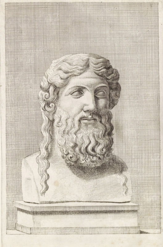 Bust of a Bearded God, print, album page, Series number, 95, 98, with a series of prints after the sculptures in the collection of Gerard Reynst., number: '95', printmaker: Hubert Quellinus, Antwerp, printmaker: Gerard de Lairesse, 1646 - 1670, paper, engraving, gravure, height 330 mm x width 195 mm, piece of sculpture, reproduction of a piece of sculpture, A detailed engraved bust of a bearded man is shown against a finely crosshatched background, with wavy hair parted at the center and long curls falling to the shoulders, a full curly beard covering the lower face, closed or blank eyes, a straight nose, and a neutral mouth; the bust rests on a rectangular plinth with layered edging, and the entire image is rendered in precise line work and shading on aged paper.