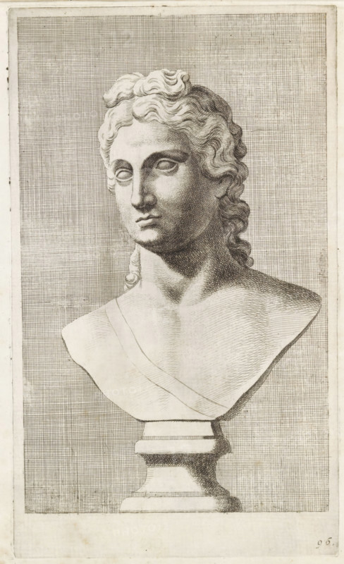 Bust of Apollo or Diana, print, album page, Series number, 96, 98, with a series of prints after the sculptures in the collection of Gerard Reynst., number: '96', printmaker: Hubert Quellinus, Antwerp, printmaker: Gerard de Lairesse, 1646 - 1670, paper, engraving, height 330 mm x width 194 mm, piece of sculpture, reproduction of a piece of sculpture, A detailed engraving of a classical bust depicted from the shoulders up, showing a sculpted head with wavy hair pulled back in curls and a smooth, idealized face with closed or lightly defined eyes, a straight nose, and a slightly parted mouth. The bust rests on a stepped pedestal and is draped with a single cloth across one shoulder. Fine crosshatching and stippling create shading across the neck, chest, and hair, and a grid-like hatched background fills the rectangular frame around the figure. The image is monochrome with visible paper texture and margins.