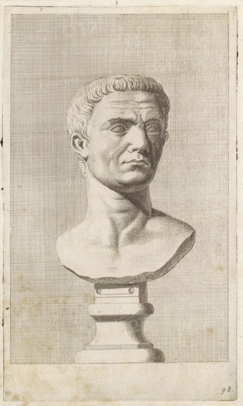 Bust of a young man, facing right, print, album page, Series number, 98, with a series of prints after the sculptures in the collection of Gerard Reynst., number: '98', printmaker: Hubert Quellinus, Antwerp, printmaker: Gerard de Lairesse, 1646 - 1670, paper, engraving, gravure, height 327 mm x width 194 mm, piece of sculpture, reproduction of a piece of sculpture, male persons from classical history, A monochrome engraved image of a classical male bust on a pedestal centered against a finely crosshatched rectangular background, showing a frontal three-quarter view of the head and upper chest with short curled hair, defined brow, deep-set eyes, straight nose, and closed lips, the neck and collarbone rendered with shading lines and the bust resting on a carved plinth with rounded profile, all framed by a narrow blank margin.