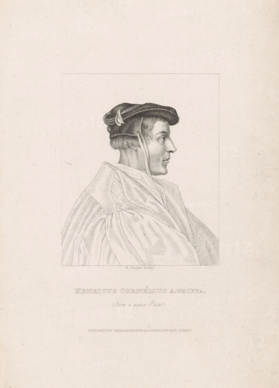 Portrait of Henricus Cornelius Agrippa von Nettesheim, print, Portrait of Henricus Cornelius Agrippa von Nettesheim in a rectangular frame. His name in the lower margin., printmaker: Robert Cooper, London, after print by anonymous, publisher: Baldwyn, Charles & Henry, 1795 - 1839, after print by, paper, etching, stippelets, etching and stippelets, height 218 mm x width 147 mm, Person, Heinrich Cornelius Agrippa von Nettesheim, A monochrome profile portrait of a man facing right, wearing a dark cap with a small decorative element and a strap hanging down, his hair cropped above the ears; he is draped in a voluminous, textured cloak with visible folds and shading, all rendered within a rectangular border on a light, lightly speckled background.