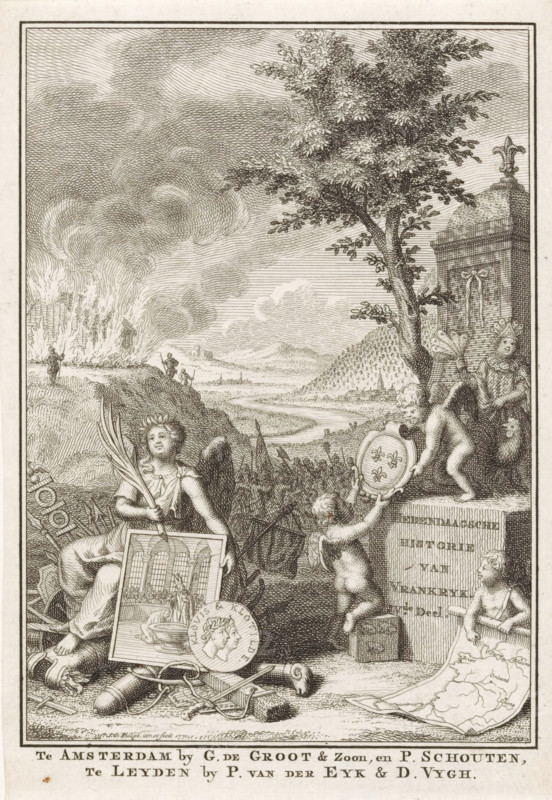 Contemporary History of France, Volume IV, Title page for: Thomas Salmon, Contemporary History or The Continuation of General History, 1772, Allegory on the History of France, print, title page, Landscape with a battle. In the foreground, History holding a painting and a medallion bearing the portraits of King Clovis and his wife Clothilde. On the right, putti with the coat of arms and a map of France and a rooster as a symbol of France. On a pedestal, the title in Dutch., printmaker: Jan Caspar Philips, Amsterdam, publisher: Groot en Zoon, Gerrit de, publisher: Petrus Schouten, publisher: Pieter van der Eyk, Leiden, publisher: Daniel Vijgh, 1771, paper, etching, engraving, etching and engraving, height 173 mm x width 122 mm, Title page for: Salmon, Thomas. Contemporary History or The Continuation of General History, Gerrit de and Schouten, Petrus, Leiden: Eyk, Pieter van der and Vijgh, Daniel, 1772. Print originating from a scrapbook with title prints, ornaments etc. on blue paper, di...