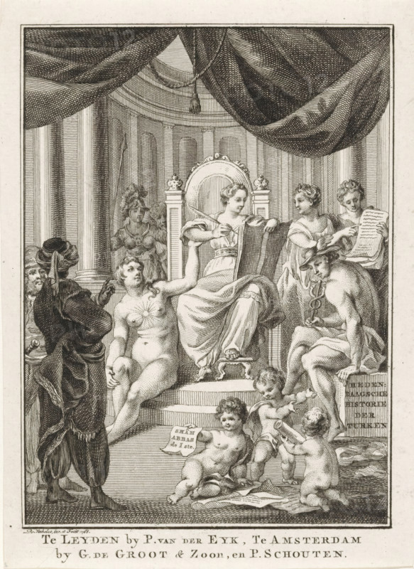 Title page for: Sn, Contemporary History or The Continuation of General History, 1767, Contemporary History of the Turks, Allegorical representation with History, Truth, Knowledge of Antiquities and Prudence, print, title page, The personification of History recording history from her throne. She is supported by Truth, Knowledge of Antiquities, and Prudence. In the foreground, Mercury, three putti and two men with turbans., printmaker: Reinier Vinkeles (I), publisher: Groot en Zoon, Gerrit de, Amsterdam, publisher: Petrus Schouten, publisher: Pieter van der Eyk, Leiden, publisher: Daniel Vijgh, 1768, paper, etching, engraving, etching and engraving, height 169 mm x width 123 mm, Title page for: Sn Hedendaagsche historie of Het vervolg van de Algemeene historie, Gerrit de and Schouten, Petrus, Leiden: Eyk, Pieter van der, 1767. Print originating from a scrapbook with title prints, ornaments, etc. on blue paper, disassembled in 1983. According to a note on the verso, the print was locate...