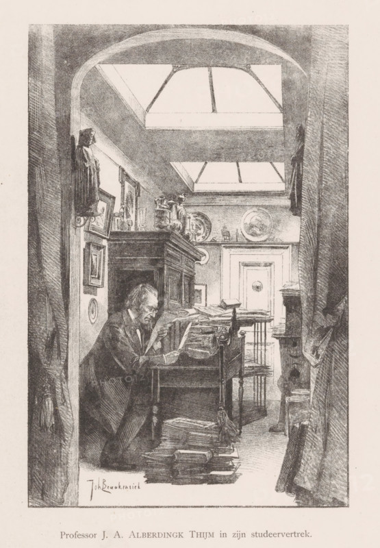 Professor JA Alberdingk Thijm in his study, Josephus Albertus Alberdingk Thijm in his study, print, Portrait of Josephus Albertus Alberdingk Thijm in a rectangular frame. He is seated in his study amidst stacks of books and papers. In the lower margin, a line of Dutch text in letterpress., printmaker: Johan Braakensiek, Amsterdam, 1889 - 1940, paper, chine collé, lithography, letterpress printing, lithography and text in letterpress on chine collé, height 270 mm x width 197 mm, Person, Josephus Albertus Alberdingk Thijm, scholar in his study, A monochrome illustration of a narrow interior room seen through an arched doorway, showing a seated bearded man leaning over a cluttered desk piled with papers and books, surrounded by stacked volumes on the floor and additional furniture. Shelves and a tall cabinet behind the man hold pitchers, plates, framed pictures, and glassware. Skylights in the ceiling cast light into the space, and curtains or drapery frame both sides of the doorway. The ...