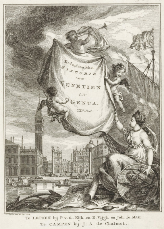 Contemporary History of Venice and Genoa, Part 9, Title page before: Sn, Contemporary History or The Continuation of General History, 1779, Allegory of Venice and Genoa, print, title page, Three putti hold a cloth with the title in the air. On the right sits a woman with a shield bearing a lion. At her feet lie a map of Genoa, an anchor, and books. In the background a view of Venice., printmaker: Simon Fokke, after design by, publisher: Pieter van der Eyk, Leiden, publisher: Daniel Vijgh, publisher: Johannes Le Mair, publisher: Jacques Alexandre Chalmot, Kampen, paper, etching, engraving, etching and engraving, height 166 mm x width 121 mm, Title page for: *Sn* Hedendaagsche historie of Het vervolg van de Algemeene historie, IXth Part. Leiden: Eyk, Pieter van der, Vijgh, Daniel, Le Mair, Johannes, Kampen: Chalmot, Jacques Alexandre, 1779. Print originating from a scrapbook with title prints, ornaments etc. on blue paper, disassembled in 1983. According to a note on the verso, the print...