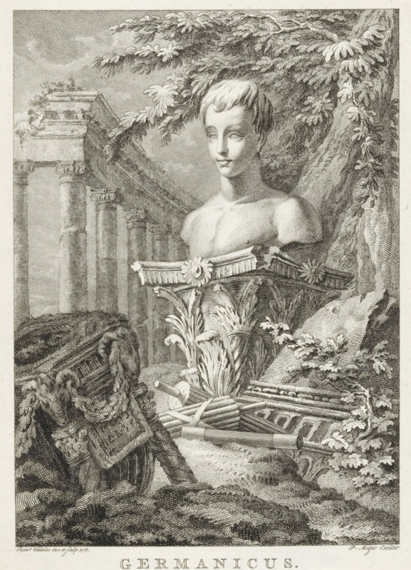 Germanicus, Bust of Germanicus in a landscape, Title page for: Lucretia Wilhelmina van Merken, Germanicus in sixteen books, 1779, print, title page, Bust of the Roman general Germanicus, on a pedestal in a landscape with a classical ruin with a colonnade. On the ground lie two fasces and a commander's staff., printmaker: Reinier Vinkeles (I), after design by Reinier Vinkeles (I), publisher: Pieter Meyer, Amsterdam, 1778, Reinier Vinkeles (I), Pieter Meyer, printmaker, publisher, paper, engraving, height 188 mm x width 139 mm, Title page for: Merken, Lucretia Wilhelmina van. Germanicus in twelve books. Amsterdam: Meyer, Pieter, 1779. Print from a scrapbook with title prints, ornaments, etc. on blue paper, disassembled in 1983. According to a note on the verso, the print was located on p. 104 of this album., Person, commander-in-chief, general, marshal, A detailed engraving shows a classical bust of a youthful figure set among architectural fragments and foliage, with the bust positioned...