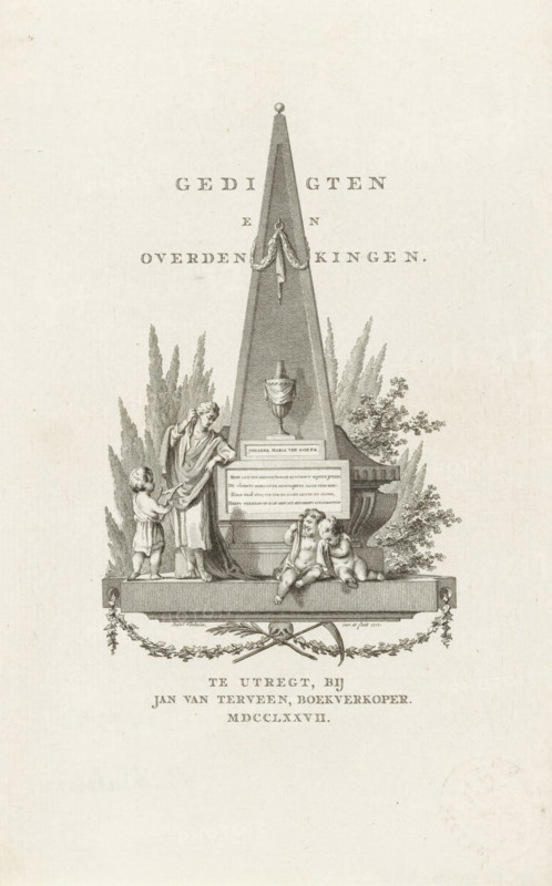 Obelisk with grieving putti, Title page for: Hieronymus van Alphen, Poems and Meditations, 1777, print, title page, A memorial column for Johanna Maria van Goens. On the right two grieving putti. On the left a grieving woman and putto with lyre., printmaker: Reinier Vinkeles (I), publisher: Jan van Terveen, Utrecht, paper, etching, engraving, etching and engraving, height 228 mm x width 145 mm, Title page for: Alphen, Hieronymus van. Poems and Meditations. Utrecht: Terveen, Jan van, 1777. Print from a scrapbook with title prints, ornaments, etc. on blue paper, disassembled in 1983. According to a note on the verso, the print was on p. 76 of this album., mourning the dead, needle, obelisk (marking grave), A tall triangular monument topped with a small sphere stands on a rectangular base framed by leafy plants, with a draped garland hanging from near its top and a decorative urn set into its front face; to the left of the monument a standing robed figure reaches down toward a small child...