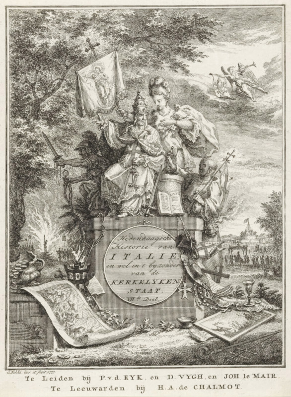 Allegory on the Papal States, Contemporary History of Italy, and particularly of the Ecclesiastical State, Volume VII, Title page before: Sn, Contemporary History or The Continuation of General History, 1777, print, title page, A pope sits on a pedestal. Pride whispers something in his ear; in her hand she holds a flag with a Madonna. To his left and right sit an armed soldier and a masked monk. In the background on the left, a heretic is being burned. On the right in the background a crusade., printmaker: Simon Fokke, after design by, publisher: Pieter van der Eyk, Leiden, publisher: Daniel Vijgh, publisher: Johannes Le Mair, publisher: Jacques Alexandre Chalmot, Leeuwarden, paper, etching, engraving, etching and engraving, height 171 mm x width 129 mm, Title page for: *Sn* Hedendaagsche historie of Het vervolg van de Algemeene historie, VIIth Part. Leiden: Eyk, Pieter van der, Vijgh, Daniel, Le Mair, Johannes, Leeuwarden: Chalmot, Jacques Alexandre, 1777. Print originating from a scr...