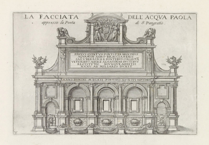 The facade of the Paola Water approaching the Gate of St. Pangratio, Fontana dell'Acqua Paola in Rome, Monuments and buildings erected during the pontificates of Popes Paul V and Sixtus V, print, album page, Series number, 5, 12, View of the Fontana dell'Acqua Paola in Rome. Title in Italian above the image. Print is part of an album., inscription: 'Ende lib. No. 23. fol. 52., Ende lib. No. 21. fol. 51. 52. Ende lib. No. 2. fol. 119. Ende lib. No. 8. folio 86 et 87.', number: '10', printmaker: Matthäus Greuter, Rome, grantor of privilege: Paul V, Vatican City, 1618, paper, engraving, height 150 mm x width 225 mm, This print is part of a series of twelve prints depicting monuments and buildings erected during the pontificates of Pope Paul V and Sixtus V., ornamental fountain, Fontana dell'Acqua Paola, A detailed architectural engraving of a classical façade with ornate decorative elements, including an arched central section flanked by pilasters and columns, rectangular recessed panels,...