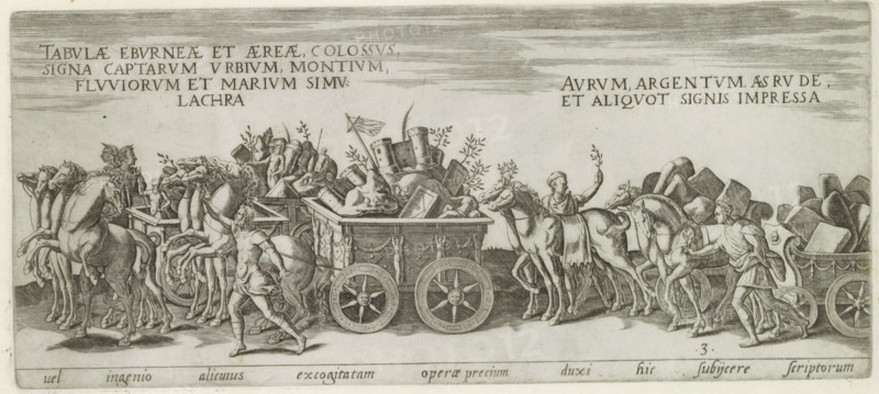 Triumphal procession with chariots carrying the spoils of war, Vel ingenio alicuius excogitatam operae precium duxi hic subijcere scriptorum, Amplissimi ornatißimiq triumphi, uti. L. PAVLVS DE rege Macedonum Perse capto, P. Africanus Aemilianus de Carthage: nensibus excisis. C N. Pompeius Magnus ex oriente, Julius Augus: tus, Vespasianus, Roman triumphs, print, album page, Series number, 3, 11, Procession of chariots with war booty pulled by horses. Title in Latin in bottom margin. Print is part of an album., number: '103', inscription: 'lib. 1. fol. 8 ..., lib. 2. fol. 8.', printmaker: Onofrio Panvinio, Italy, after drawing by Jan Snellinck (I), Antwerp, after design by Maarten van Heemskerck, publisher: Govert van Schayck, Rome, 1618, paper, engraving, gravure, height 155 mm x width 354 mm, This print is part of a series of 11 prints (title print) depicting Roman triumphs. This series has been published in six editions (1 Gerard de Jode, 1577-85, 2 Cornelis de Jode, 1596, 3 Govert va...