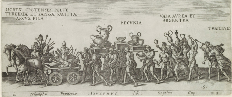 In triumpho Poplicolae, Iosephus libro Septimo Cap. 23, Triumph procession with wagons carrying war booty and men carrying craters with coins, Amplissimi ornatißimiq triumphi, uti. L. PAVLVS DE rege Macedonum Perse capto, P. Africanus Aemilianus de Carthage: nensibus excisis. C N. Pompeius Magnus ex oriente, Julius Augus: tus, Vespasian, Roman triumphs, print, album page, Series number, 5, 11, Procession of chariots with war booty pulled by horses and with men carrying craters full of coins. Title in Latin in bottom margin. Print is part of an album., number: '105', inscription: 'lib. 1. fol. 8 ..., lib. 1. fol. 8., lib. 1. fol. 8.', printmaker: Onofrio Panvinio, Italy, after drawing by Jan Snellinck (I), Antwerp, after design by Maarten van Heemskerck, publisher: Govert van Schayck, Rome, 1618, paper, engraving, gravure, height 155 mm x width 361 mm, This print is part of a series of 11 prints (title print) depicting Roman triumphs. This series has been published in six editions (1 Ge...