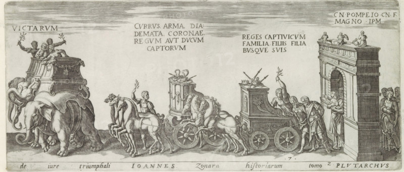 De iure triumphali Ioannes Zonara historiarum tomo 2 Plutarch, Triumph procession with elephants, triumphal chariots and a triumphal arch, Amplissimi ornatißimiq triumphi, uti. L. PAVLVS DE rege Macedonum Perse capto, P. Africanus Aemilianus de Carthage: nensibus excisis. C N. Pompeius Magnus ex oriente, Julius Augus: tus, Vespasianus, Roman triumphs, print, album page, Series number, 7, 11, Procession of elephants, triumphal chariots pulled by horses and women with children walking under a triumphal arch. Title in Latin in bottom margin. Print is part of an album., number: '107', inscription: 'lib. 1. fol. 24', printmaker: Onofrio Panvinio, Italy, after drawing by Jan Snellinck (I), Antwerp, after design by Maarten van Heemskerck, publisher: Govert van Schayck, Rome, 1618, paper, engraving, gravure, height 154 mm x width 361 mm, This print is part of a series of 11 prints (title print) depicting Roman triumphs. This series has been published in six editions (1 Gerard de Jode, 1577-85,...