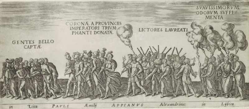 Triumph procession with prisoners, soldiers, lictors and priests, In vita Pauli aemilij Appianus Alexandrinus in Lijbico, Roman triumphs, Amplissimi ornatißimiq triumphi, uti. L. PAVLVS DE rege Macedonum Perse capto, P. Africanus Aemilianus de Carthage: nensibus excisis. C N. Pompeius Magnus ex oriente, Julius Augus: tus, Vespasianus, print, album page, Series number, 8, 11, Procession of prisoners, Roman soldiers, lictors and priests with smoking incense. Title in Latin in bottom margin. Print is part of an album., number: '108', inscription: 'lib. 1. fol. 24', printmaker: Onofrio Panvinio, Italy, after drawing by Jan Snellinck (I), Antwerp, after design by Maarten van Heemskerck, publisher: Govert van Schayck, Rome, 1618, paper, engraving, gravure, height 157 mm x width 363 mm, This print is part of a series of 11 prints (title print) depicting Roman triumphs. This series has been published in six editions (1 Gerard de Jode, 1577-85, 2 Cornelis de Jode, 1596, 3 Govert van Schayck, 4 ...