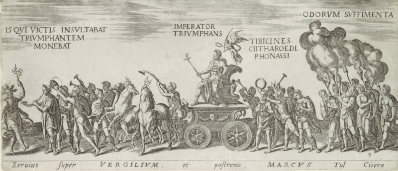 Servius super Vergilium, et postremo, Marcus tul Cicero, Triumph procession with the emperor on a triumphal chariot, Amplissimi ornatißimiq triumphi, uti. L. PAVLVS DE rege Macedonum Perse capto, P. Africanus Aemilianus de Carthage: nensibus excisis. C N. Pompeius Magnus ex oriente, Julius Augus: tus, Vespasian, Roman triumphs, print, album page, Series number, 9, 11, Procession of musicians, priests with smoking incense and the emperor enthroned on a triumphal chariot pulled by horses. Title in Latin in bottom margin. Print is part of an album., number: '109', inscription: 'lib. 1. fol. 16', printmaker: Onofrio Panvinio, Italy, after drawing by Jan Snellinck (I), Antwerp, after design by Maarten van Heemskerck, publisher: Govert van Schayck, Rome, 1618, paper, engraving, gravure, height 156 mm x width 360 mm, This print is part of a series of 11 prints (title print) depicting Roman triumphs. This series has been published in six editions (1 Gerard de Jode, 1577-85, 2 Cornelis de Jode,...