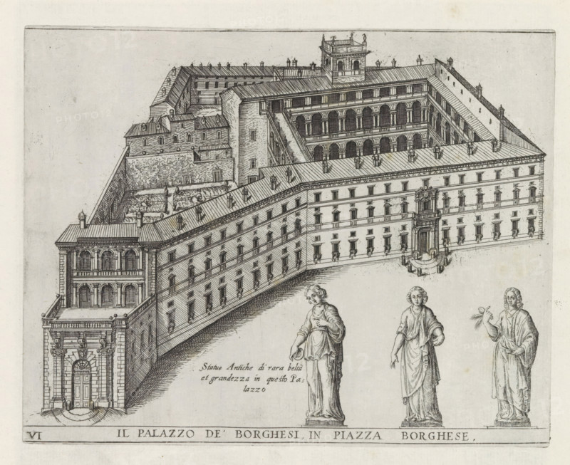 Palazzo Borghese in Rome, Il Palazzo de' Borghesi, in Piazza Borghese, Monuments and buildings erected during the pontificates of Popes Paul V and Sixtus V, print, album page, Series number, 6, 12, View of Palazzo Borghese in Rome. Lower right three statues of female figures. Title in Italian in lower margin. Print is part of an album., number: '11', inscription: 'Ende lib. No. 23. fol. 460., Ende lib. No. 21. fol. 353 354. Ende lib. No. 8. fol. 82.', printmaker: Matthäus Greuter, Rome, publisher: Matthäus Greuter, provider of privilege: Paulus V, Vatican City, 1618, Matthäus Greuter, Paulus V, printmaker, publisher, provider of privilege, paper, engraving, height 178 mm x width 225 mm, This print is part of a series of twelve prints with monuments and buildings erected during the pontificates of Pope Paul V and Sixtus V., piece of sculpture, reproduction of a piece of sculpture, hôtel, ie small palace in city, Palazzo Borghese, A detailed ink drawing shows a large multi-story palace w...