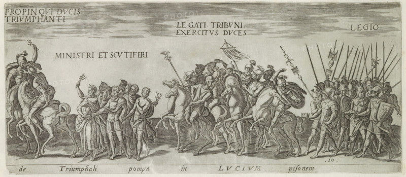 Triumph procession with soldiers and ministers, The triumphali pompa in Lucium pisonem, Roman triumphs, Amplissimi ornatißimiq triumphi, uti. L. PAVLVS DE rege Macedonum Perse capto, P. Africanus Aemilianus de Carthage: nensibus excisis. C N. Pompeius Magnus ex oriente, Julius Augus: tus, Vespasianus, print, album page, Series number, 10, 11, Procession of Roman soldiers and ministers. Title in Latin in bottom margin. Print is part of an album., inscription: 'lib. 1. fol. 8, libr. 1. fol', number: '110', printmaker: Onofrio Panvinio, Italy, after drawing by Jan Snellinck (I), Antwerp, after design by Maarten van Heemskerck, publisher: Govert van Schayck, Rome, 1618, paper, engraving, gravure, height 156 mm x width 360 mm, This print is part of a series of 11 prints (title print) depicting Roman triumphs. This series has been published in six editions (1 Gerard de Jode, 1577-85, 2 Cornelis de Jode, 1596, 3 Govert van Schayck, 4 Giacomo Lauro, 5 Giovanni Giacomo de' Rossi and heirs, 1664...