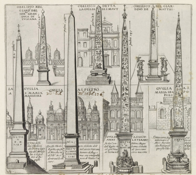 Obelisks in Rome, Monuments and buildings erected during the pontificates of Popes Paul V and Sixtus V, print, album page, Series number, 7, 12, Seven obelisks in Rome: the Obelisco di Villa Medici, the Obelisco Macuteo, the Obelisco Matteiano, the Obelisco Esquilino, the Obelisco Vaticano, the Lateran Obelisk and the Flaminian Obelisk. With each obelisk a caption in Italian. Print is part of an album., number: '12', inscription: 'Ende lib. No. 8. fol. 65. 66. No. 3.', inscription: 'Ende lib. No. 1. fol. 60...', printmaker: Matthäus Greuter, Rome, grantor of privilege: Paul V, Vatican City, 1618, paper, engraving, height 206 mm x width 226 mm, This print is part of a series of twelve prints depicting monuments and buildings erected during the pontificates of Pope Paul V and Sixtus V., obelisk, needle, Piazza del Popolo, Lateran Obelisk, Flaminian Obelisk, A detailed engraving shows multiple tall obelisks on pedestals arranged vertically and horizontally, each with carved surface decora...