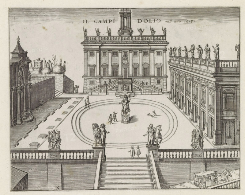 The Campidolio in the year 1618, Capitoline Hill in Rome, Monuments and buildings erected during the pontificates of Popes Paul V and Sixtus V, print, album page, Series number 9, 12, View of the Capitoline Hill with the Piazza del Campidoglio and the palaces with the Capitoline Museums. In the center, the equestrian statue of Marcus Aurelius. Title in Italian above the image. Print is part of an album., inscription: 'Ende lib. No. 23. fol. 705 et 464, Ende lib. No. 21. fol. 402 &...', number: '14', printmaker: Matthäus Greuter, Rome, provider of privilege: Paulus V, Vatican City, 1618, paper, engraving, height 179 mm x width 225 mm, This print is part from a series of twelve prints with monuments and buildings erected during the pontificates of Pope Paul V and Sixtus V., square, circus, city-view, and landscape with man-made constructions, representation of real building (either existing or having existed), Capitol, Piazza del Campidoglio, Palazzo Senatorio (Rome), Capitoline Museums,...