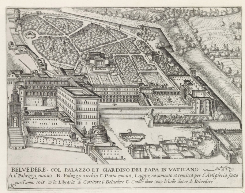 Cortile del Belvedere, the Apostolic Palace and the gardens in Vatican City, Belvedere col palazzo et giardino del papa in Vaticano, Monuments and buildings erected during the pontificates of Popes Paul V and Sixtus V, print, album page, Series number, 10, 12, View of the Vatican, with the Apostolic Palace, the gardens and the Cortile del Belvedere. Title in Italian and an explanatory list with letters in the lower margin. Print is part of an album., inscription: 'Ende lib. No. 23. fol. 803 et 804...', number: '15', printmaker: Matthäus Greuter, Rome, grantor of privilege: Paul V, Vatican City, 1618, paper, engraving, height 175 mm x width 226 mm, This print is part of a series of twelve prints featuring monuments and buildings erected during the pontificates of Pope Paul V and Sixtus V., garden, city-view, and landscape with man-made constructions, palace, representation of a real building (either existing or having existed), Apostolic Palace, A detailed black and white engraving show...