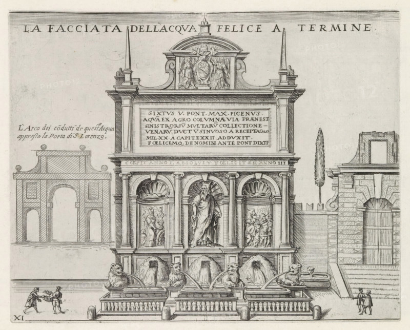 Fontana dell'Acqua Felice in Rome, La facciata dell'Acqua Felice a Termine, Monuments and buildings erected during the pontificates of Popes Paul V and Sixtus V, print, album page, Series number, 11, 12, View of the Fontana dell'Acqua Felice, the Moses Fountain, in Rome. Title in Italian above the image. Print is part of an album., inscription: 'Ende lib. No. 23. fol. 532. 533, Ende lib. No. 22. fol. 512. 513. Ende lib. No. 8 folio 56. 488.', number: '16', printmaker: Matthäus Greuter, Rome, publisher: Matthäus Greuter, grantor of privilege: Paul V, Vatican City, 1618, Matthäus Greuter, Paul V, printmaker, publisher, grantor of privilege, paper, engraving, height 179 mm x width 224 mm, This print is part of a series of twelve prints depicting monuments and buildings erected during the pontificates of Pope Paul V and Sixtus V., ornamental fountain, Fontana dell'Acqua Felice, An architectural engraving showing the facade of a stone fountain structure with a central niche containing a sta...