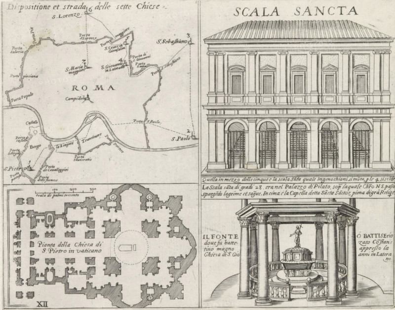 Map of Rome, the Holy Stairs, St. Peter's Basilica and the Lateran Baptistery, Monuments and buildings erected during the pontificates of Popes Paul V and Sixtus V, print, album page, Series number, 12, Sheet with four illustrations. Top left: a map of Rome. Top right: the Holy Stairs in Rome. Bottom left: a floor plan of St. Peter's Basilica in Vatican City. Bottom right: the Lateran Baptistery. Each illustration has a caption in Italian. Print is part of an album., number: '17', inscription: 'Ende lib. No. 1. fol. 3., Ende lib. No. 15. fol. 1...', printmaker: Matthäus Greuter, Rome, grantor of privilege: Paul V, Vatican City, 1618, paper, engraving, height 177 mm x width 224 mm, This print is part of a series of twelve prints depicting monuments and buildings erected during the pontificates of Pope Paul V and Sixtus V., church (exterior), maps, atlases, plan, architecture, St. Peter's Basilica, Holy Stairs, Lateran Baptistery, A detailed black and white engraving divided into section...