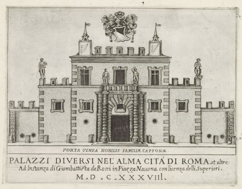 Title print with the gate of the Cappona family in Rome, Porta vinea nobilis familiae Capponae, Famous buildings in Rome and beyond, Palazzi diversi nel'alma cità di Roma, et altre, print, album page, title print, Print is part of an album., number: '18', inscription: 'Ende ... lib. No. 2.', printmaker: Jacobus Laurus, Rome, publisher: Giovanni Battista de' Rossi, grantor of privilege: Urbanus VIII, Vatican City, 1638, Jacobus Laurus, Giovanni Battista de' Rossi, Urbanus VIII, printmaker, publisher, grantor of privilege, paper, etching, height 180 mm x width 235 mm, Title print for a series of prints of famous buildings in Rome and elsewhere., city-gate, A detailed black and white engraved façade of a large rectangular building with a central arched entrance flanked by thick rusticated columns and topped by a balustraded balcony where three nude statues stand in varying poses, one with an arm raised and another holding an object; the façade shows symmetrically placed rectangular window...