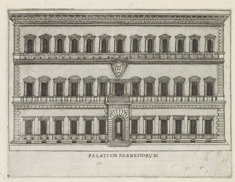 Façade of Palazzo Farnese in Rome, Palatium Farnesiorum, Famous buildings in Rome and beyond, Palazzi diversi nel'alma cità di Roma, et altre, print, album page, Print is part of an album., inscription: 'Ende lib. no. 23. fol. 257 et 811, Ende lib. No. 22. ... fol. 70...', number: '19', printmaker: Jacobus Laurus, Rome, publisher: Giovanni Battista de' Rossi, grantor of privilege: Urbanus VIII, Vatican City, 1638, Jacobus Laurus, Giovanni Battista de' Rossi, Urbanus VIII, printmaker, publisher, grantor of privilege, paper, etching, height 175 mm x width 233 mm, Print is part of a series of prints (title print) of famous buildings in Rome and elsewhere., façade (of house or building), hôtel, i.e. small palace in city, Palazzo Farnese, A detailed pen-and-ink elevation of a multi-story classical building showing symmetrical rows of tall, narrow arched windows with decorative pediments and molded frames, a central arched entrance with rusticated surround and a short flight of steps leading...