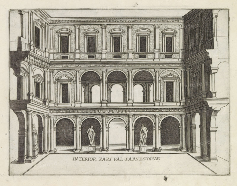 Interior pars Pal. Farnesiorum, Courtyard of Palazzo Farnese in Rome, Famous buildings in Rome and beyond, Palazzi diversi nel'alma cità di Roma, et altre, print, album page, Print is part of an album., number: '20', printmaker: Jacobus Laurus, Rome, after design by Antonio da Sangallo (II), after design by Giacomo Barozzi Vignola, after design by Michelangelo, publisher: Giovanni Battista de' Rossi, grantor of privilege: Urban VIII, Vatican City, 1638, Jacobus Laurus, Antonio da Sangallo (II), Giacomo Barozzi Vignola, Michelangelo, Giovanni Battista de' Rossi, Urban VIII, printmaker, after design by, publisher, grantor of privilege, paper, etching, height 176 mm x width 235 mm, Print is part of a series of prints (title print) of famous buildings in Rome and elsewhere., palace, façade (of house or building), inner court of palace or 'hôtel', Palazzo Farnese, A detailed architectural drawing of a multi-level courtyard facade with rows of arches, columns, and pilasters forming repetitiv...