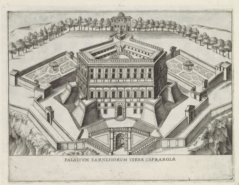 View of Villa Farnese in Caprarola, Palatium Farnesiorum terrae Caprarolae, Famous buildings in Rome and beyond, Palazzi diversi nel'alma cità di Roma, et altre, print, album page, Print is part of an album., number: '21', inscription: 'Ende lib. No. 21. fol. 526 et 527, Ende lib. No. 1. fol. 128. 129., Ende lib. No. 2 fol. 42. 43 et 44.', printmaker: Jacobus Laurus, Rome, publisher: Giovanni Battista de' Rossi, grantor of privilege: Urbanus VIII, Vatican City, 1638, Jacobus Laurus, Giovanni Battista de' Rossi, Urbanus VIII, printmaker, publisher, grantor of privilege, paper, etching, height 177 mm x width 235 mm, Print is part of a series of prints (title print) of famous buildings in Rome and elsewhere., villa, Caprarola, Villa Farnese, A detailed black and white architectural engraving shows a large multi-story building with a symmetrical façade and many rectangular windows, set within geometric terraced walls and angular ramparts; formal gardens with patterned beds and central tree...