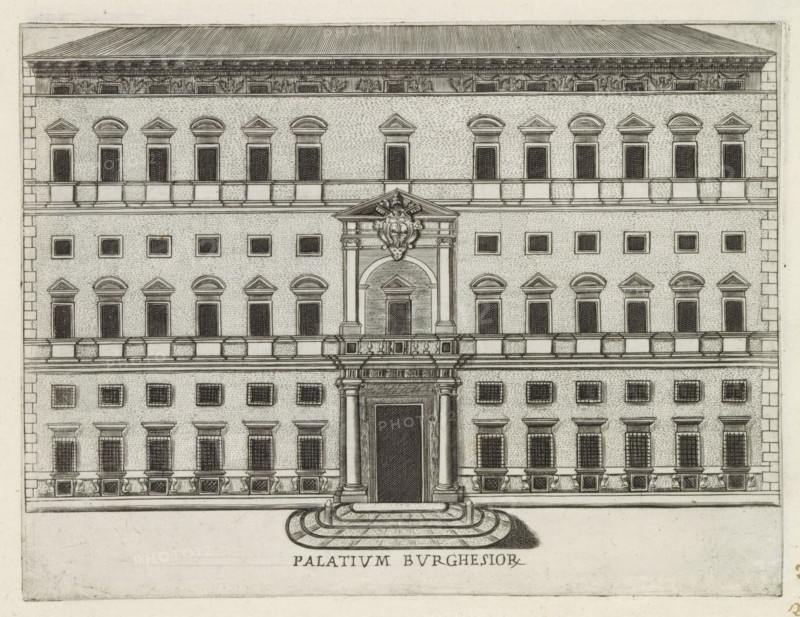 Palatium Burghesior, Façade of Palazzo Borghese in Rome, Famous buildings in Rome and beyond, Palazzi diversi nel'alma cità di Roma, et altre, print, album page, Print is part of an album., inscription: 'Ende lib. No. 23. fol. 460., End lib. No. 21. fol. 353 et 354...', number: '22', printmaker: Jacobus Laurus, Rome, publisher: Giovanni Battista de' Rossi, grantor of privilege: Urban VIII, Vatican City, 1638, Jacobus Laurus, Giovanni Battista de' Rossi, Urbanus VIII, printmaker, publisher, granter of privilege, paper, etching, ets, height 181 mm x width 239 mm, Print is part of a series of prints (title print) of famous buildings in Rome and elsewhere, façade (or house or building), hôtel, i.e. small palace in city, Palazzo Borghese, A frontal architectural drawing of a multi-story stone facade with a central ornate doorway approached by semicircular steps, flanked by pairs of columns and a decorative pediment above the entrance featuring sculpted ornamentation. The facade shows rows o...