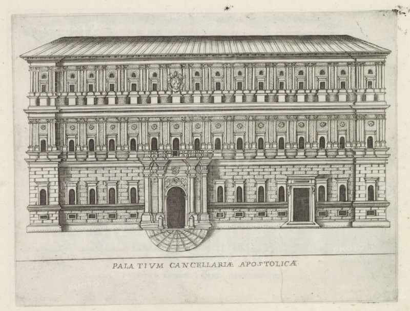 Façade of a Roman palace, Palatium Cancellariae Apostolicae, Famous buildings in Rome and beyond, Palazzi diversi nel'alma cità di Roma, et altre, print, album page, Print is part of an album., inscription: 'Ende lib. No. 23. fol. 258. 259. 455, Ende lib. No. 21. fol. 222 et 223., Ende lib. No. 2. fol. 24.', number: '23', printmaker: Jacobus Laurus, Rome, publisher: Giovanni Battista de' Rossi, grantor of privilege: Urbanus VIII, Vatican City, 1638, Jacobus Laurus, Giovanni Battista de' Rossi, Urbanus VIII, printmaker, publisher, grantor of privilege, paper, etching, height 180 mm x width 235 mm, Print is part of a series of prints (title print) of famous buildings in Rome and elsewhere., façade (of house or building), hôtel, i.e. small palace in city, A detailed architectural engraving of a large ornate façade showing multiple horizontal stories with rows of arched windows and decorative pilasters, a central elaborate doorway with carved surrounds and columns, rusticated lower masonry...