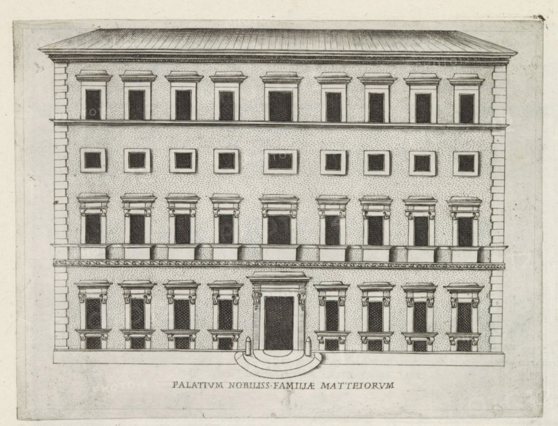Palatium nobiliss. familiae Matteiorum, Façade of Villa Celimontana in Rome, Famous buildings in Rome and beyond, Palazzi diversi nel'alma cità di Roma, et altre, print, album page, Print is part of an album., inscription: 'Ende lib. No. 23. fol. 295., End lib. No. 21. fol. 389., End lib. No. 2. fol. 32.', number: '24', printmaker: Jacobus Laurus, Rome, publisher: Giovanni Battista de' Rossi, grantor of privilege: Urbanus VIII, Vatican City, 1638, Jacobus Laurus, Giovanni Battista de' Rossi, Urbanus VIII, printmaker, publisher, grantor of privilege, paper, etching, height 180 mm x width 236 mm, Print is part of a series of prints (title print) of famous buildings in Rome and elsewhere., façade (of house or building), hôtel, i.e. small palace in city, Villa Celimontana, An architectural elevation drawing of a multi-story classical building rendered in fine black lines on a light background, showing a symmetrical facade with a large central doorway accessed by a curved set of steps and f...