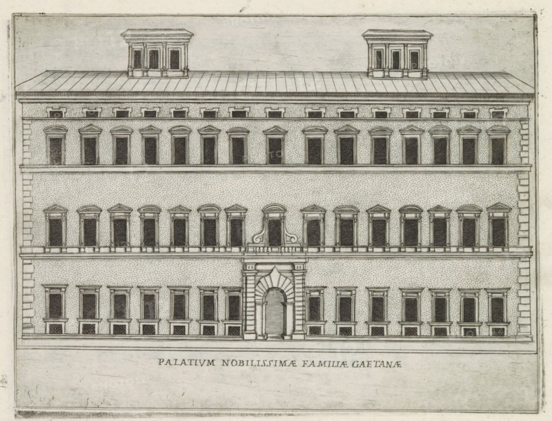Façade of Palazzo Caetani in Rome, Palatium nobilissimae familiae Gaetanae, Famous buildings in Rome and beyond, Palazzi diversi nel'alma cità di Roma, et altre, print, album page, Print is part of an album., inscription: 'Ende lib. No. 23. fol. 110 et 111., Ende lib. No. 21. fol. 334., Endelib. No. 2 fol. 17.', number: '26', printmaker: Jacobus Laurus, Rome, after design by Bartolomeo Ammannati, publisher: Giovanni Battista de' Rossi, grantor of privilege: Urban VIII, Vatican City, 1638, Jacobus Laurus, Bartolomeo Ammannati, Giovanni Battista de' Rossi, Urbanus VIII, printmaker, after design by, publisher, granter of privilege, paper, etching, height 178 mm x width 236 mm, Print is part of a series of prints (title print) of famous buildings in Rome and elsewhere., façade (or house or building), hôtel, ie small palace in city, Palazzo Caetani, A rectangular architectural elevation of a multi-story stone building is shown, with a symmetrical façade featuring rows of evenly spaced tall ...