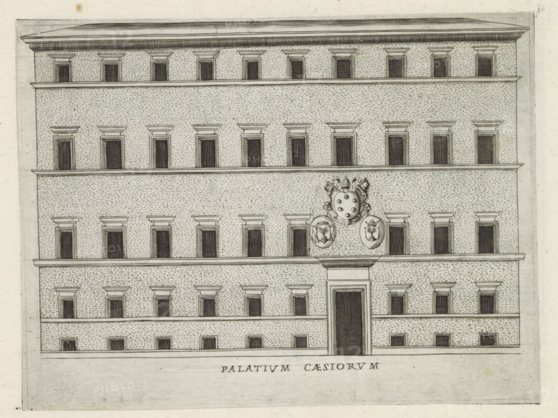 Palatium Caesiorum, Façade of a palazzo in Rome, Famous buildings in Rome and beyond, Palazzi diversi nel'alma cità di Roma, et altre, print, album page, Print is part of an album., number: '27', inscription: 'Ende lib. No. 19. fol. 25. 27. 37. 38. 39. 41. 48. 49. 55...', printmaker: Jacobus Laurus, Rome, publisher: Giovanni Battista de' Rossi, grantor of privilege: Urbanus VIII, Vatican City, 1638, Jacobus Laurus, Giovanni Battista de' Rossi, Urbanus VIII, printmaker, publisher, grantor of privilege, paper, etching, height 180 mm x width 240 mm, Print is part of a series of prints (title print) of famous buildings in Rome and elsewhere., façade (of house or building), hôtel, i.e. small palace in city, A detailed black and white architectural drawing of a multi-story building facade with rows of rectangular windows set into a textured masonry surface, each window framed by pronounced lintels and recessed dark interiors, horizontal cornices separating the floors, a tall central doorway ...