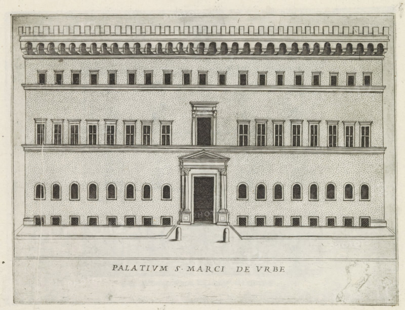 Palatium S. Marci de urbe, Façade of a palazzo in Rome, Famous buildings in Rome and beyond, Palazzi diversi nel'alma cità di Roma, et altre, print, album page, Print is part of an album., inscription: 'Ende lib. No. 23. fol. 147 et 826, Ende lib. no. 21. fol. 378 et 399...', number: '28', printmaker: Jacobus Laurus, Rome, publisher: Giovanni Battista de' Rossi, grantor of privilege: Urbanus VIII, Vatican City, 1638, Jacobus Laurus, Giovanni Battista de' Rossi, Urbanus VIII, printmaker, publisher, grantor of privilege, paper, etching, height 177 mm x width 236 mm, Print is part of a series of prints (title print) of famous buildings in Rome and elsewhere., façade (of house or building), hôtel, i.e. small palace in city, A detailed architectural elevation of a multi-story building rendered in black ink on aged paper, showing a symmetrical façade with rows of rectangular and arched windows, a central ornate doorway with classical columns and a triangular pediment above it, a shallow stai...