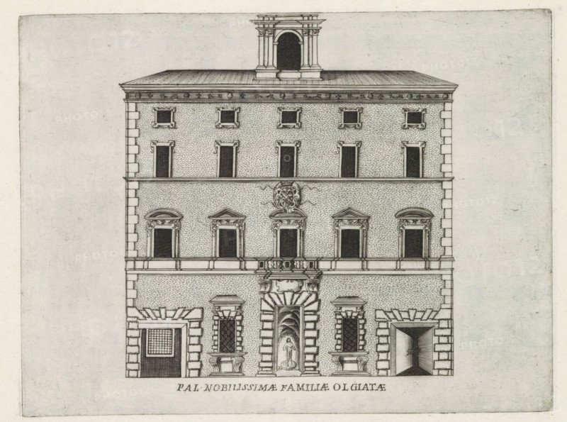 Façade of Palazzo Olgiati in Rome, Pal. nobilissimae familiae Olgiatae, Famous buildings in Rome and beyond, Palazzi diversi nel'alma cità di Roma, et altre, print, album page, Print is part of an album., inscription: 'Ende lib. No. 21. fol. 522.', number: '29', printmaker: Jacobus Laurus, Rome, publisher: Giovanni Battista de' Rossi, grantor of privilege: Urbanus VIII, Vatican City, 1638, Jacobus Laurus, Giovanni Battista de' Rossi, Urbanus VIII, printmaker, publisher, grantor of privilege, paper, etching, height 179 mm x width 237 mm, Print is part of a series of prints (title print) of famous buildings in Rome and elsewhere., façade (of house or building), hôtel, i.e. small palace in city, A detailed architectural elevation of a multi-story stone building with a symmetrical façade, showing rows of rectangular windows each with decorative frames and small ornamental elements, a balustraded balcony centered on the middle level, and a prominent central entrance flanked by rusticated st...