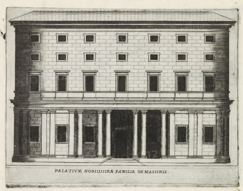 Façade of Palazzo Massimo alle Colonne in Rome, Palatium Nobilissimae familiae de Massimis, Famous buildings in Rome and beyond, Palazzi diversi nel'alma cità di Roma, et altre, print, album page, Print is part of an album., number: '31', inscription: 'Ende lib. No. 23. fol. 218., End lib. no. 21. fol. 237...', printmaker: Jacobus Laurus, Rome, publisher: Giovanni Battista de' Rossi, grantor of privilege: Urban VIII, Vatican City, 1638, Jacobus Laurus, Giovanni Battista de' Rossi, Urbanus VIII, printmaker, publisher, granter of privilege, paper, etching, height 180 mm x width 238 mm, Print is part of a series of prints (title print) of famous buildings in Rome and elsewhere., façade (or house or building), hôtel, ie small palace in city, Palazzo Massimo alle Colonne, A symmetrical architectural elevation of a multi-story stone building with a flat roof and pronounced cornice, a regular grid of square windows across the upper facade, a row of taller rectangular openings with decorative ...