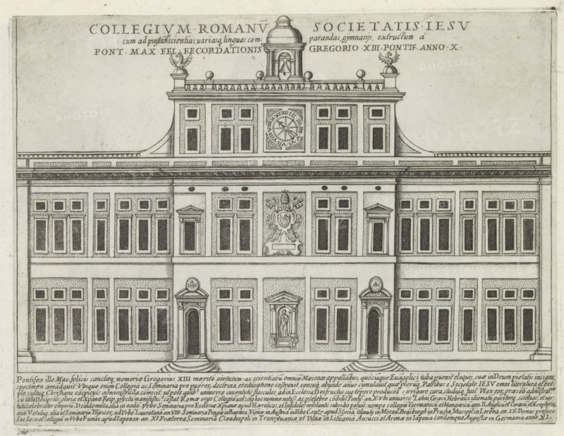 Collegium Romanu societatis Iesu, Façade of the Collegio Romano in Rome, Famous buildings in Rome and beyond, Palazzi diversi nel'alma cità di Roma, et altre, print, album page, Print is part of an album., number: '32', inscription: 'Ende lib. No. 23. fol. 181 et 182. Ende lib. No. 1. fol. 7...', printmaker: Jacobus Laurus, Rome, publisher: Giovanni Battista de' Rossi, grantor of privilege: Urbanus VIII, Vatican City, 1638, Jacobus Laurus, Giovanni Battista de' Rossi, Urbanus VIII, printmaker, publisher, grantor of privilege, paper, etching, height 178 mm x width 236 mm, Print is part of a series of prints (title print) of famous buildings in Rome and elsewhere., Person, Gregory XIII, façade (of house or building), university building, college, Collegio Romano, A detailed architectural engraving of a symmetrical multi-story façade with rows of rectangular windows, decorative panels, and framed doorways; a central section features ornate crest relief and a small niche with a statue abov...