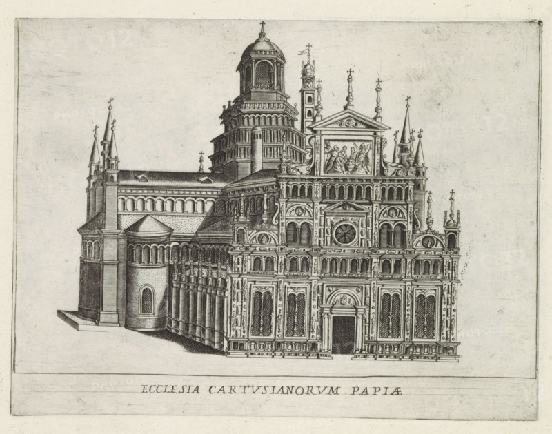 Certosa di Pavia, Ecclesia Cartusianorum papiae, Famous buildings in Rome and beyond, Palazzi diversi nel'alma cità di Roma, et altre, print, album page, View of the church of the Certosa di Pavia Monastery in Lombardy. Print is part of an album., number: '33', printmaker: Jacobus Laurus, Rome, publisher: Giovanni Battista de' Rossi, grantor of privilege: Urbanus VIII, Vatican City, 1638, Jacobus Laurus, Giovanni Battista de' Rossi, Urbanus VIII, printmaker, publisher, grantor of privilege, paper, etching, height 179 mm x width 237 mm, Print is part of a series of prints (title print) of famous buildings in Rome and elsewhere., church (exterior), Lombardy, A detailed black and white architectural engraving of a large ornate building with a richly decorated multi-level façade featuring arched windows, carved panels, sculpted figures, and circular window motifs, flanked by slender spires topped with decorative finials; the structure extends back into a complex of towers, domes, rounded a...