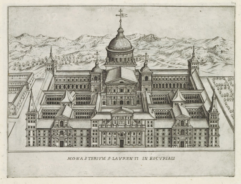 Monasterium S. Laurenti in Escuriali, Escorial in San Lorenzo de El Escorial, Famous buildings in Rome and beyond, Palazzi diversi nel'alma cità di Roma, et altre, print, album page, View of the abbey complex the Escorial in San Lorenzo de El Escorial in Spain. Print is part of an album., number: '34', printmaker: Jacobus Laurus, Rome, publisher: Giovanni Battista de' Rossi, grantor of privilege: Urbanus VIII, Vatican City, 1638, Jacobus Laurus, Giovanni Battista de' Rossi, Urbanus VIII, printmaker, publisher, grantor of privilege, paper, etching, height 179 mm x width 237 mm, Print is part of a series of prints (title print) of famous buildings in Rome and elsewhere., abbey, monastery, convent, Roman Catholic church, castle, Comunidad de Madrid, Escorial, San Lorenzo de El Escorial, A detailed black and white architectural engraving showing a large symmetrical complex with a central domed building flanked by multiple towers and wings, featuring rows of arched windows, pitched roofs, a...