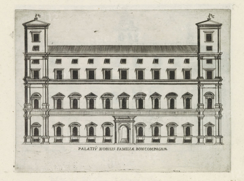 Palatiu nobilis familiae Boncompagnae, Façade of Palazzo Boncompagni in Rome, Famous buildings in Rome and beyond, Palazzi diversi nel'alma cità di Roma, et altre, print, album page, Print is part of an album., number: '35', inscription: 'Ende lib. No. 23. fol. 815.', printmaker: Jacobus Laurus, Rome, publisher: Giovanni Battista de' Rossi, grantor of privilege: Urbanus VIII, Vatican City, 1638, Jacobus Laurus, Giovanni Battista de' Rossi, Urbanus VIII, printmaker, publisher, grantor of privilege, paper, etching, height 180 mm x width 239 mm, Print is part of a series of prints (title print) of famous buildings in Rome and elsewhere., façade (of house or building), hôtel, i.e. small palace in city, Palazzo Boncompagni, A detailed architectural elevation shows a symmetrical multi-story stone building with two taller end towers and a central entrance framed by pilasters and an arched doorway. The facade features rows of rectangular and arched window openings with decorative surrounds and...