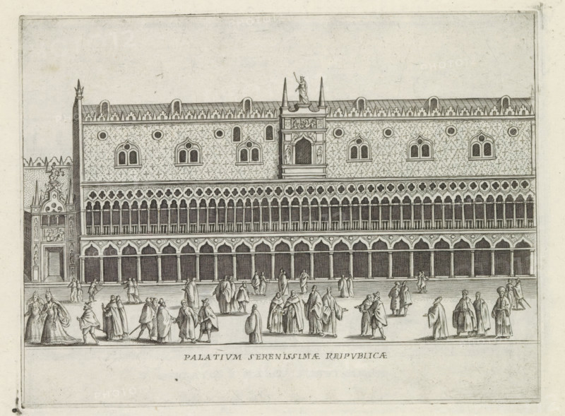 Façade of the Doge's Palace in Venice, Palatium serenissimae reipublicae, Famous buildings in Rome and beyond, Palazzi diversi nel'alma cità di Roma, et altre, print, album page, Print is part of an album., number: '37', printmaker: Jacobus Laurus, Rome, publisher: Giovanni Battista de' Rossi, provider of privilege: Urban VIII, Vatican City, 1638, Jacobus Laurus, Giovanni Battista de' Rossi, Urban VIII, provider of privilege, paper, etching, height 176 mm x width 235 mm, Print is part of a series of prints (title print) of famous buildings in Rome and elsewhere, palace, facade (or house or building), Venice, Doge's Palace, An architectural engraving of a large ornate building facade with patterned upper walls and rows of arched openings, a decorative balustrade and a central raised balcony topped by a statue, flanked by slender spires and round windows; below, a long arcade with repeated arches and columns opens onto a paved forecourt where many clothed figures in period dress walk, st...