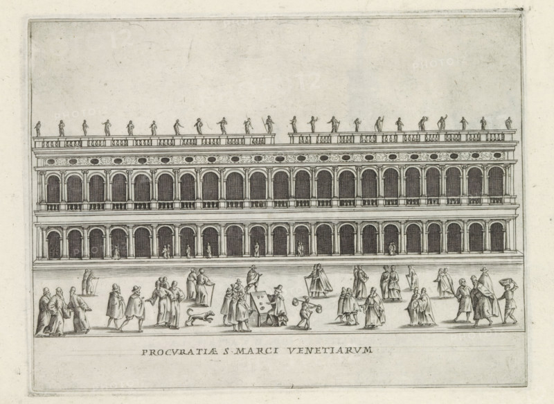 Procuratiae S. Marci Venetiarum, Façade of the Biblioteca Marciana in Venice, Famous buildings in Rome and beyond, Palazzi diversi nel'alma cità di Roma, et altre, print, album page, Print is part of an album., number: '38', printmaker: Jacobus Laurus, Rome, publisher: Giovanni Battista de' Rossi, grantor of privilege: Urban VIII, Vatican City, 1638, Jacobus Laurus, Giovanni Battista de' Rossi, Urbanus VIII, printmaker, publisher, granter of privilege, paper, etching, height 177 mm x width 235 mm, Print is part of a series prints (title print) of famous buildings in Rome and elsewhere, facade (of house or building), public library, Venice, Biblioteca Marciana, A wide architectural elevation shows a multi-story classical building with rows of arched openings and columns forming a repetitive arcade on each level, a balustraded roofline topped by small standing statues, and decorative frieze details beneath the upper balustrade; in front of the building on a paved open area numerous small...