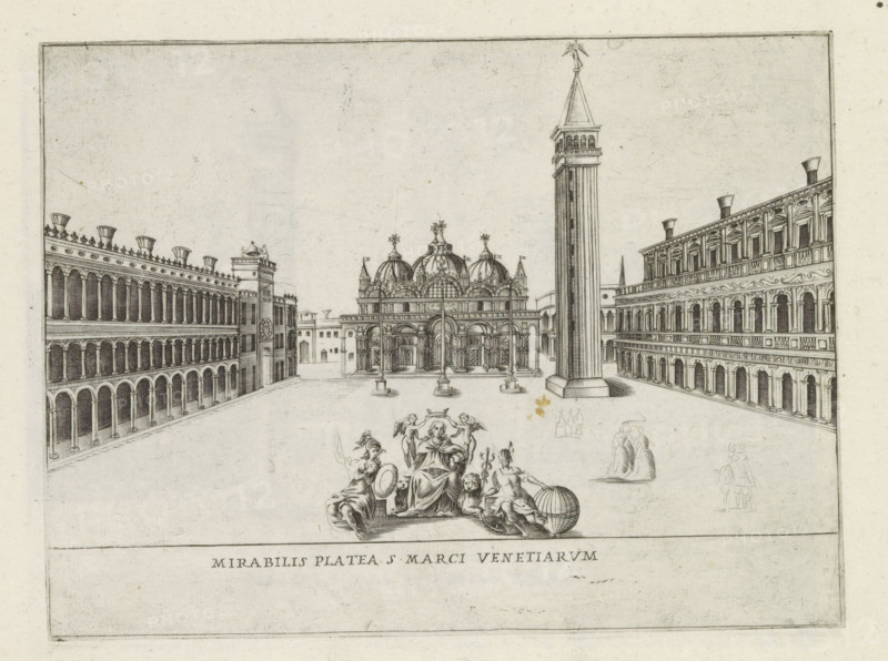 Square des San Marco in Venice, Mirabilis platea S. Marci Venetiarum, Famous buildings in Rome and beyond, Palazzi diversi nel'alma cità di Roma, et altre, print, album page, View of the Square des San Marco with St. Mark's and the Campanile di San Marco in Venice. In the foreground, a female figure, seated on two lions, is crowned by two angels. She is flanked on either side by a female personification. Print is part of an album., number: '39', printmaker: Jacobus Laurus, Rome, publisher: Giovanni Battista de' Rossi, grantor of privilege: Urbanus VIII, Vatican City, 1638, Jacobus Laurus, Giovanni Battista de' Rossi, Urbanus VIII, grantor of privilege, paper, etching, height 180 mm x width 240 mm, Print is part of a series of prints (title print) of famous buildings in Rome and elsewhere., square, circus, church (exterior), parts of church exterior and annexes: campanile, Venice, Basilica of San Marco, St. Mark's Square, Campanile di San Marco, An architectural engraving showing a wide...