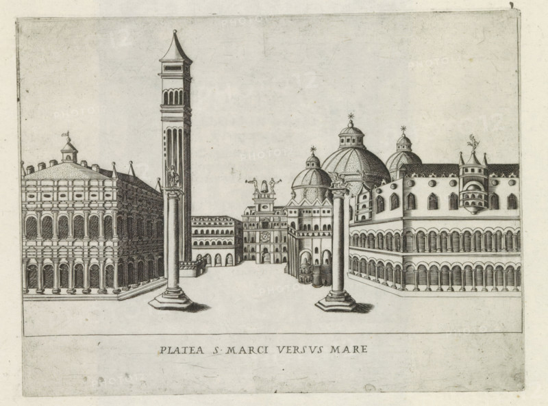 Platea S. Marci versus mare, Corner of St. Mark's Square with the Doge's Palace and the Column with the Lion of Venice, Famous buildings in Rome and beyond, Palazzi diversi nel'alma cità di Roma, et altre, print, album page, View of the corner of St. Mark's Square with the Doge's Palace and the Column with the Lion of Venice. At this corner, St. Mark's Square and the Riva degli Schiavone intersect. Print is part of an album., number: '40', printmaker: Jacobus Laurus, Rome, publisher: Giovanni Battista de' Rossi, grantor of privilege: Urbanus VIII, Vatican City, 1638, Jacobus Laurus, Giovanni Battista de' Rossi, Urbanus VIII, grantor of privilege, paper, etching, height 178 mm x width 236 mm, Print is part of a series of prints (title print) of famous buildings in Rome and elsewhere., square, circus, church (exterior), city-view, and landscape with man-made constructions, parts of church exterior and annexes: campanile, Venice, Basilica of San Marco, Doge's Palace, St. Mark's Square, Ca...